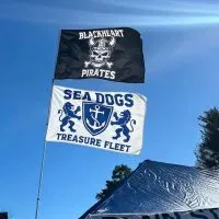 Two custom flags displayed outdoors: "Blackheart Pirates" with skull design and "Sea Dogs Treasure Fleet" with anchor emblem against a clear blue sky