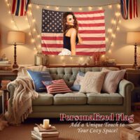 Custom wall flag hanging on living room with personal image and American flag background
