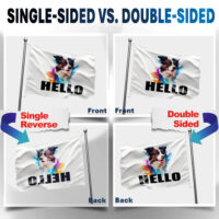 Comparison of single-sided and double-sided custom flags shown outdoors