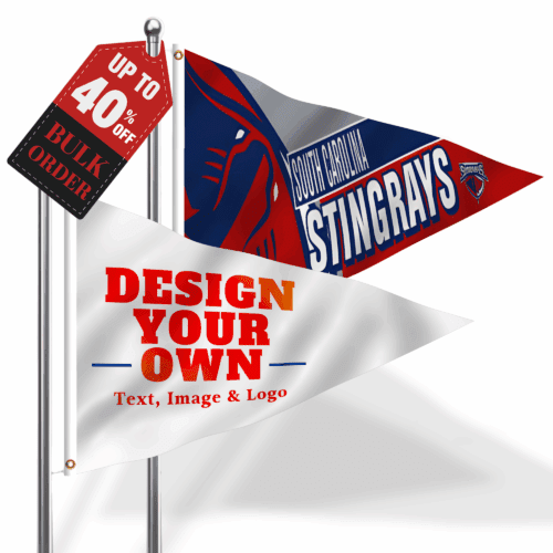 Custom Pennant Flags with "Design Your Own" option, featuring a sports team logo and branding.