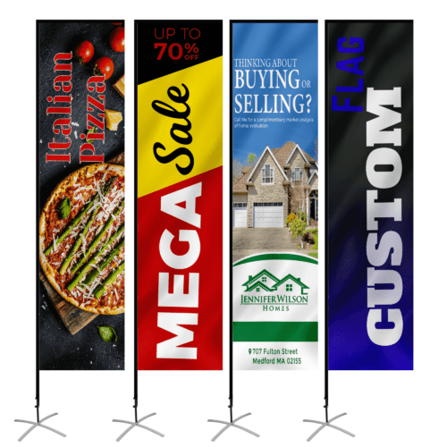 Custom Rectangle Flags with bold "Mega Sale" and "Custom" text designs for promotional or business use.