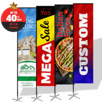 Custom rectangular flags with promotional designs for events and advertising