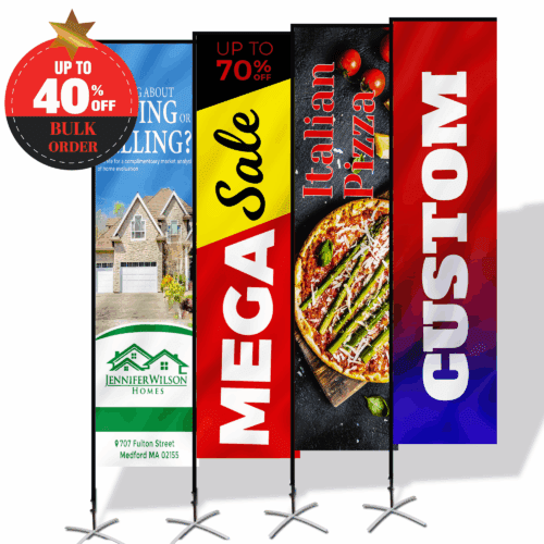 Custom rectangular flags with promotional designs for events and advertising