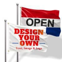 Custom standard flags with 'Design Your Own' text, featuring customizable text, image, and colors. High-quality polyester flags for businesses, events, and personal use.