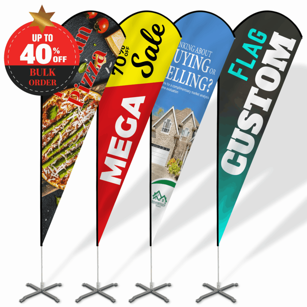 Custom teardrop flags with vibrant designs for sale, real estate, business promotion, and custom branding.