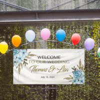 Custom vinyl banner used as wedding decoration with floral design