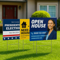 Custom yard signs for real estate and election campaigns displayed on grass with sample Open House and Presidential Election designs