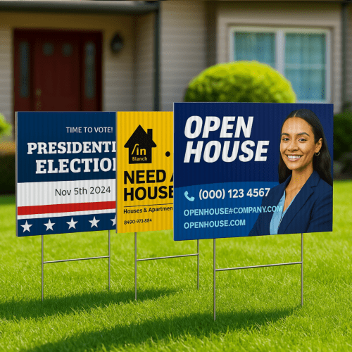 Custom yard signs for real estate and election campaigns displayed on grass with sample Open House and Presidential Election designs