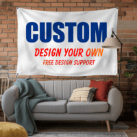 Custom fabric banner displayed indoors, showcasing vibrant print quality and professional finish.