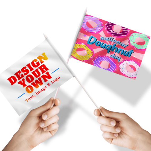 Custom Handheld Plastic Flag with "Design Your Own" text, ideal for events, promotions, and personal use.