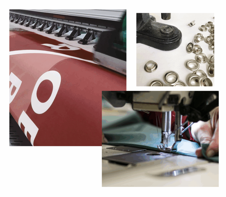 Close-up of a flag printing machine, grommets, and sewing process for custom flag production.