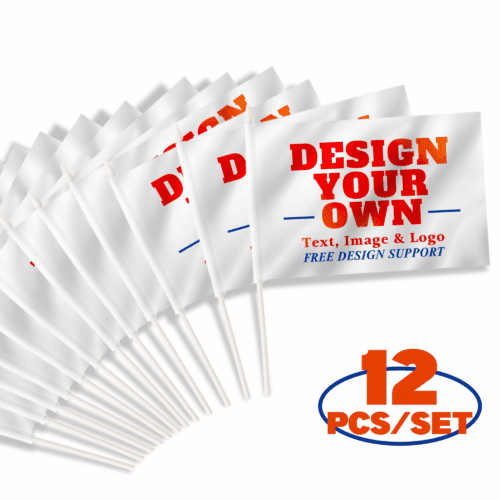Set of 12 Custom Handheld Stick Flags with personalized designs for events and promotions.