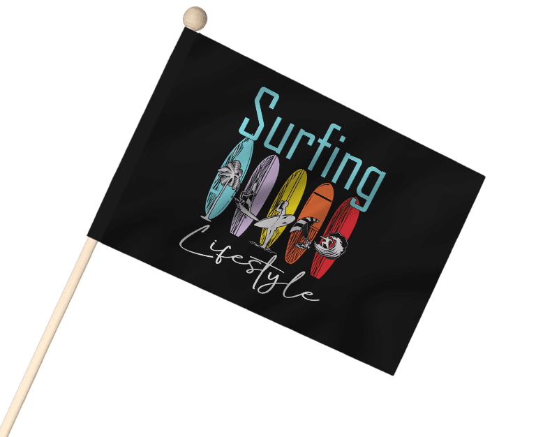 Nautical-themed stick flag with sailing and surf graphics